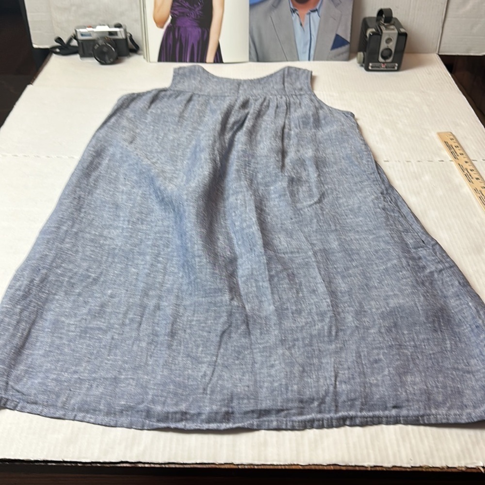 Kenar 100% Linen Shift Dress | Petite Blue Chambray Pockets Coastal Minimalist - Picture 12 of 12